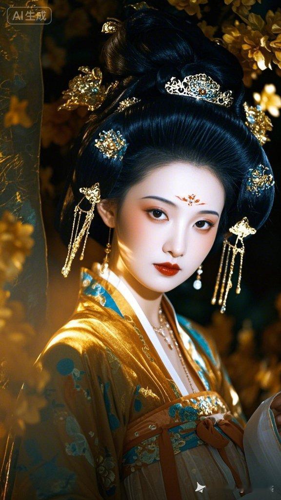 穿越千年的古典美人，金色的华服与精致的妆容相得益彰，仿佛从古代画卷中走来。