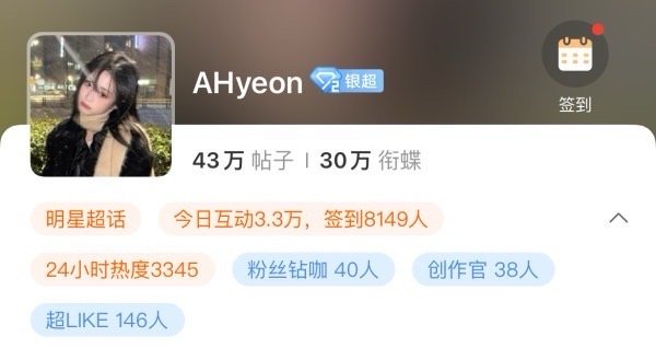 黄霄云和郑雅贤 ｜ahyeon 两位亚女唱一超话数据🆚 