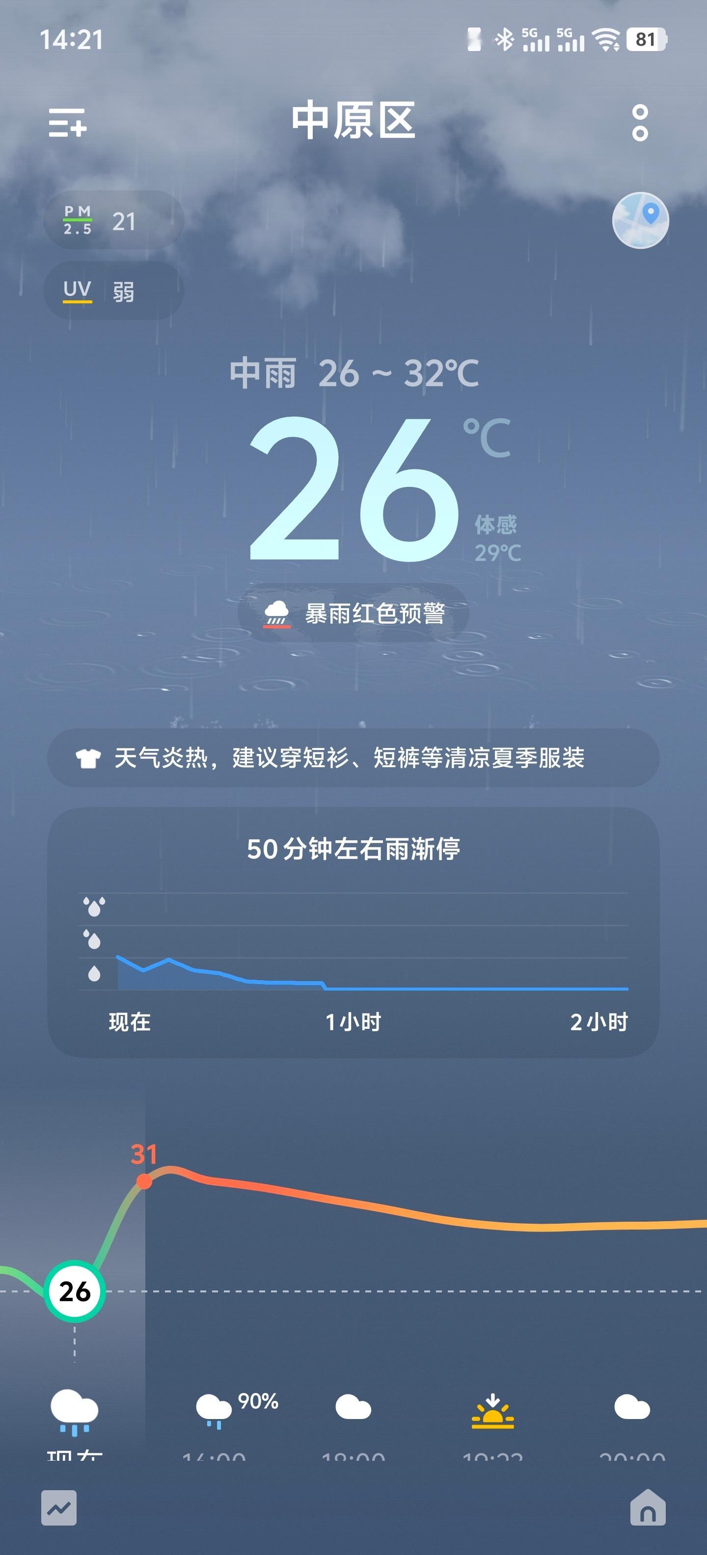 郑州暴雨坐标郑州高新区，目前是毛毛雨，天气预报是中雨，后面可能会有短时间暴雨。这