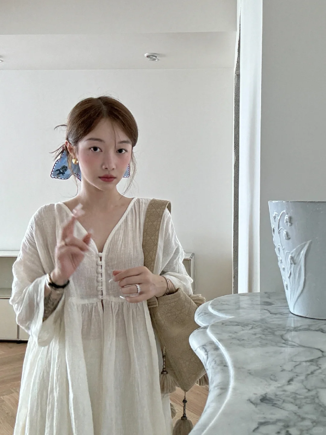 亚麻白裙裤