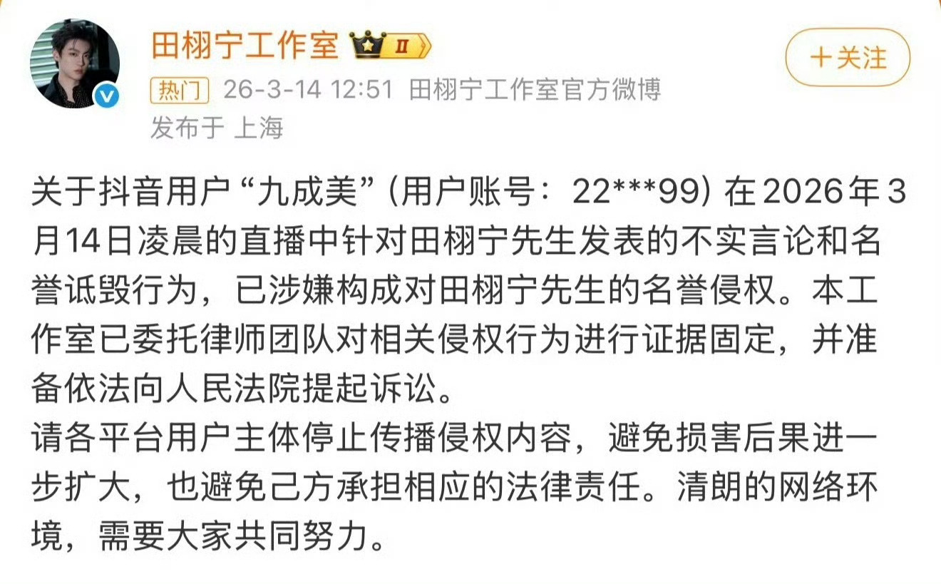 田栩宁把九成美告了 