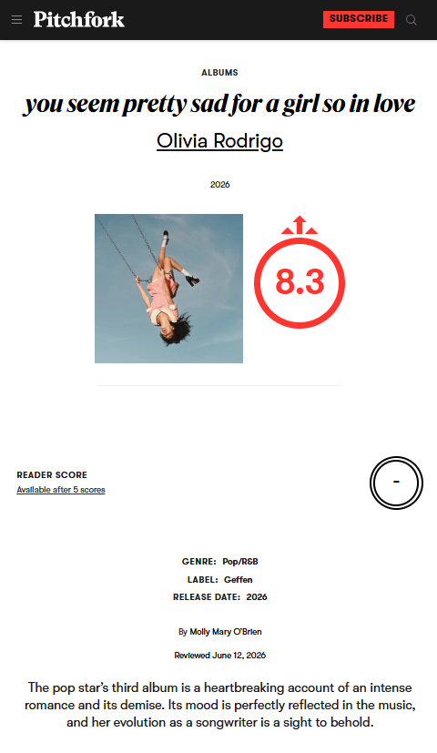 【新专辑乐评】Pitchfork 红标评Olivia Rodrigo 新专辑『y