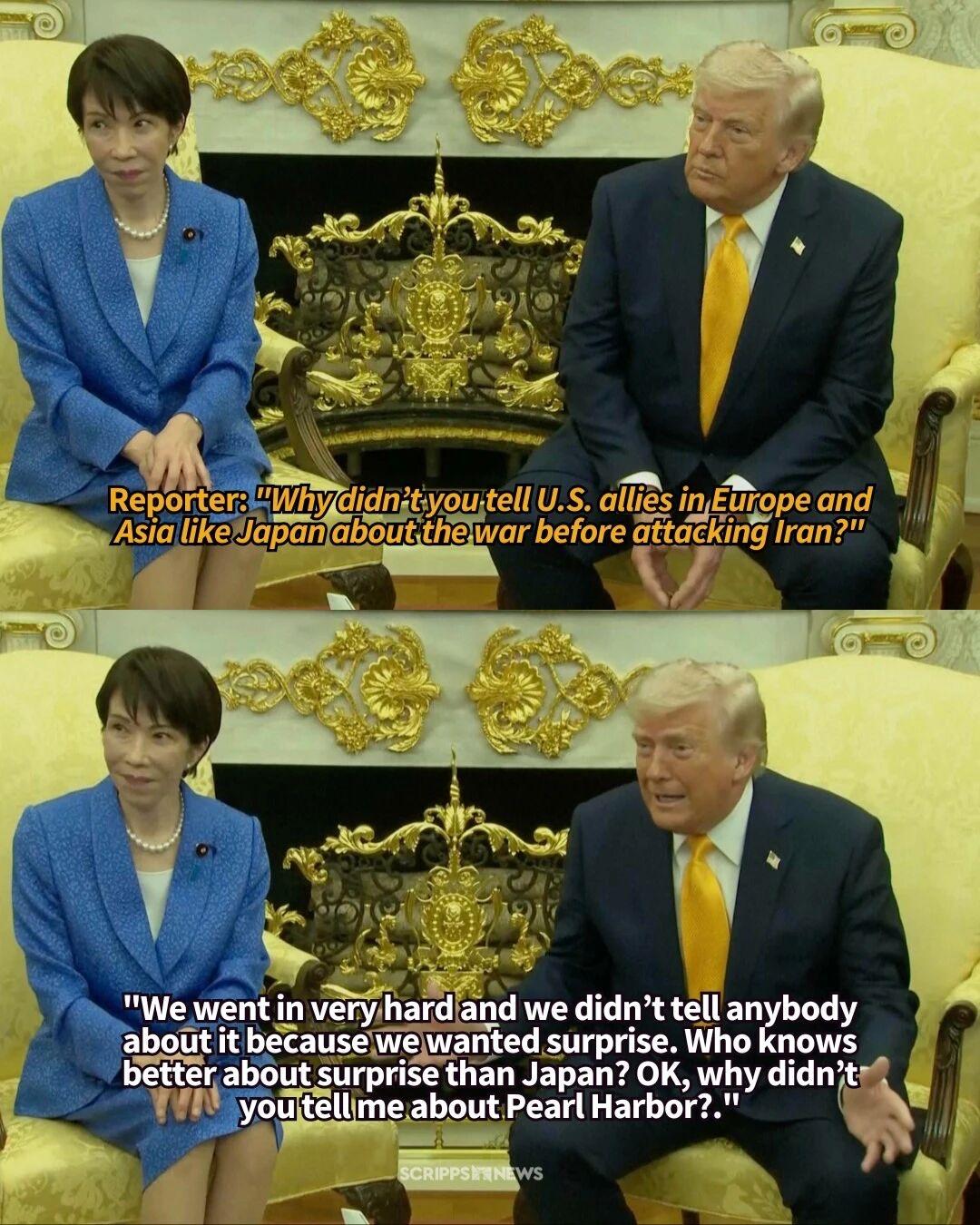 特朗普周四在白宫会见日本首相高市早苗时，被问及为何美国在对伊朗动武前未事先告知日