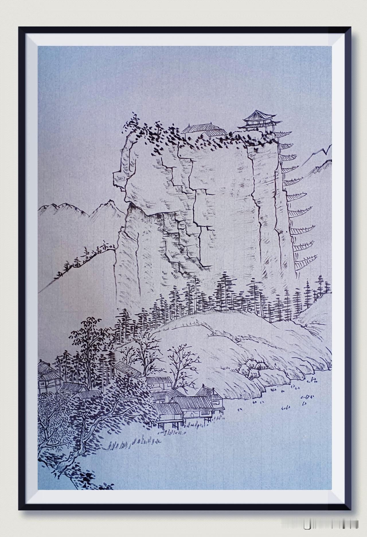 临马骀山水画。掩映在山石后的楼阁，高耸入云！山石巨大，又层峦叠嶂！树木茂盛，品种