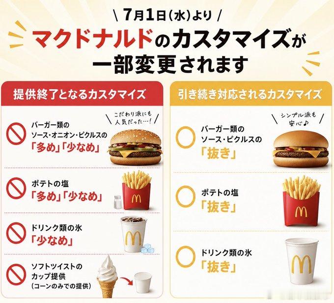 【麦当劳7月1日起调整个性化点单规则】从7月1日起，日本麦当劳将调整“自定义点餐