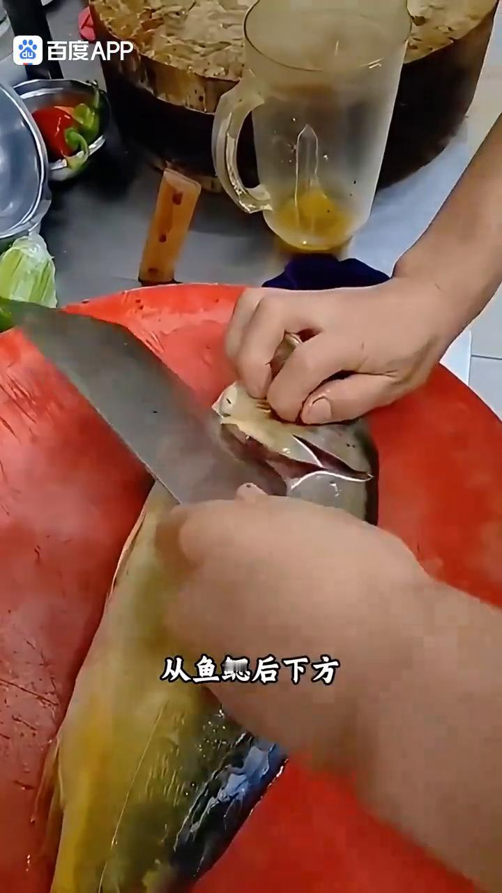 ·这是什么神奇的刀法？这是连环花刀解鱼法。刀面与鱼身呈45度夹角，从鱼鳃后下方开