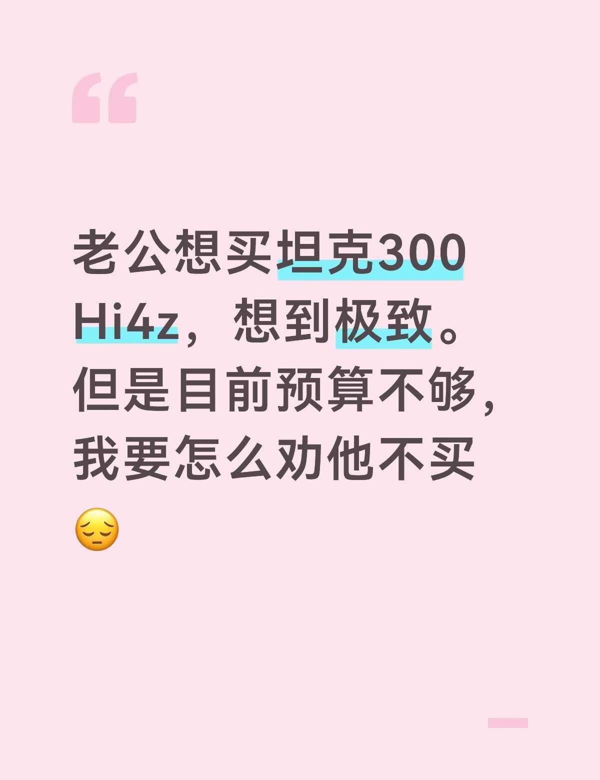 坦克300Hi4Z到底值不值得入手
老公一直非常想买坦克300这款车，但是预算目
