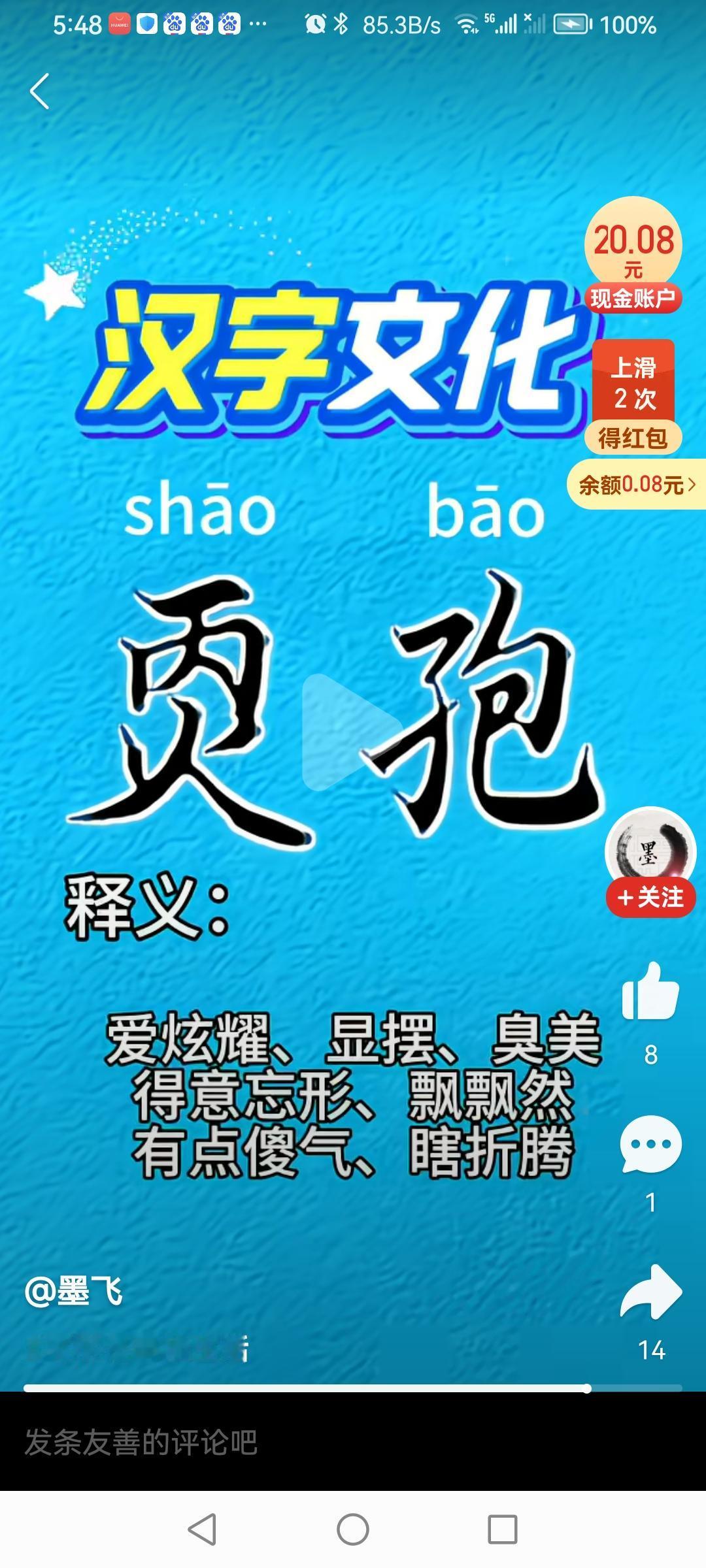 汉字文化这两个字是俺这地方方言，对一些“谣骚”之人称为“烧包”！