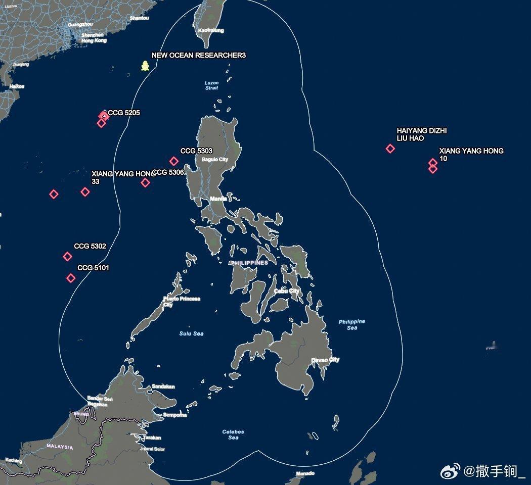中国海警舰艇和考察船上周在南海及菲律宾以东海域巡航和作业（部分）：南海态势