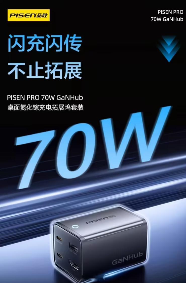 品胜推出 GaNHub 二合一拓展坞，4K 60Hz 视频输出、70W 供电，性