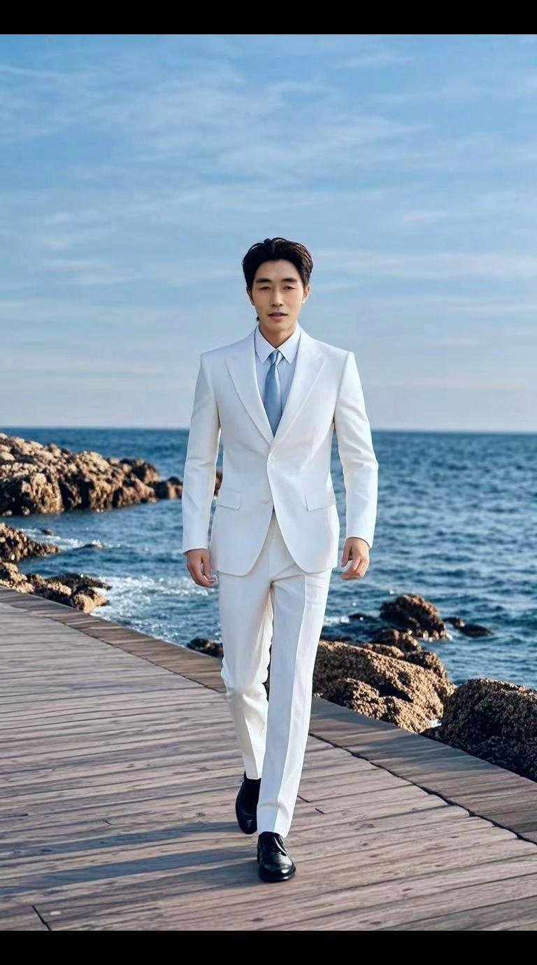大海的声音海浪轻拍岸边，白色西装与蔚蓝海岸形成鲜明对比，仿佛是大自然与都市时尚的