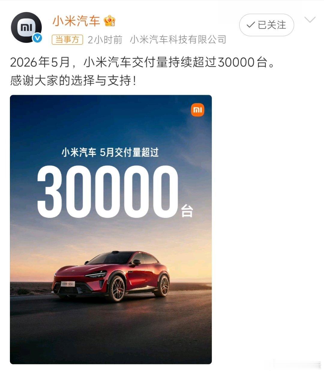 小米汽车5月交付超过30000台稳！小米汽车5月交付再破30000台，已经连续两