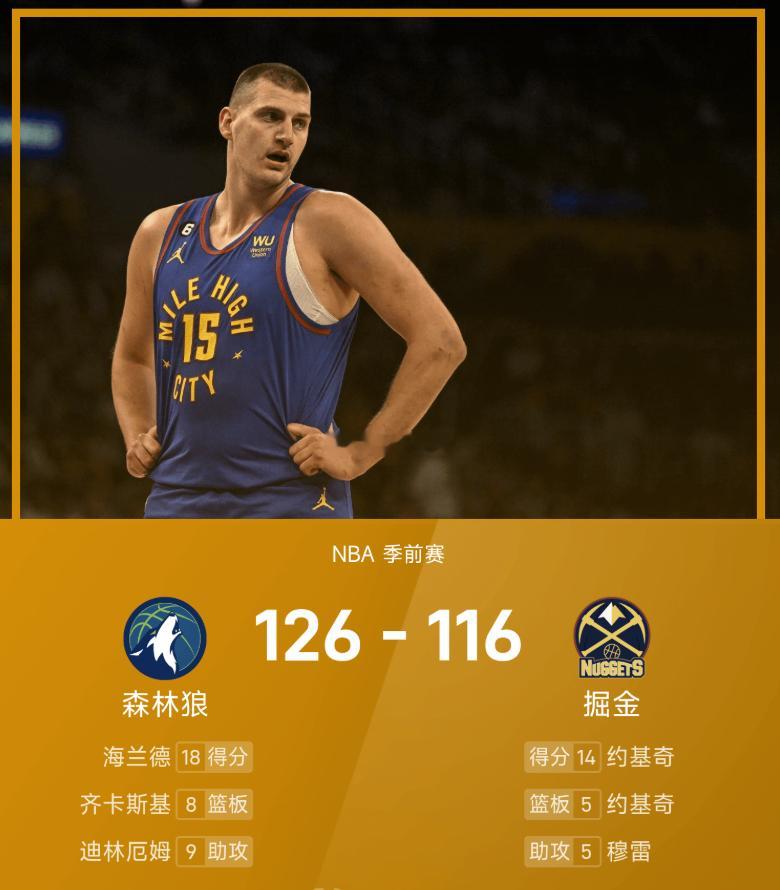 25/26赛季NBA季前赛，掘金对阵森林狼。双方全场战罢，掘金116-126不敌