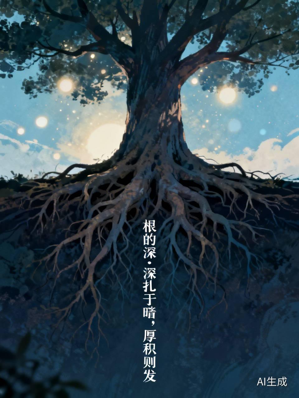 根的深•深扎于暗，厚积则发。
树根向下，不慕高处，在黑暗中深耕。它不抗拒泥土，却