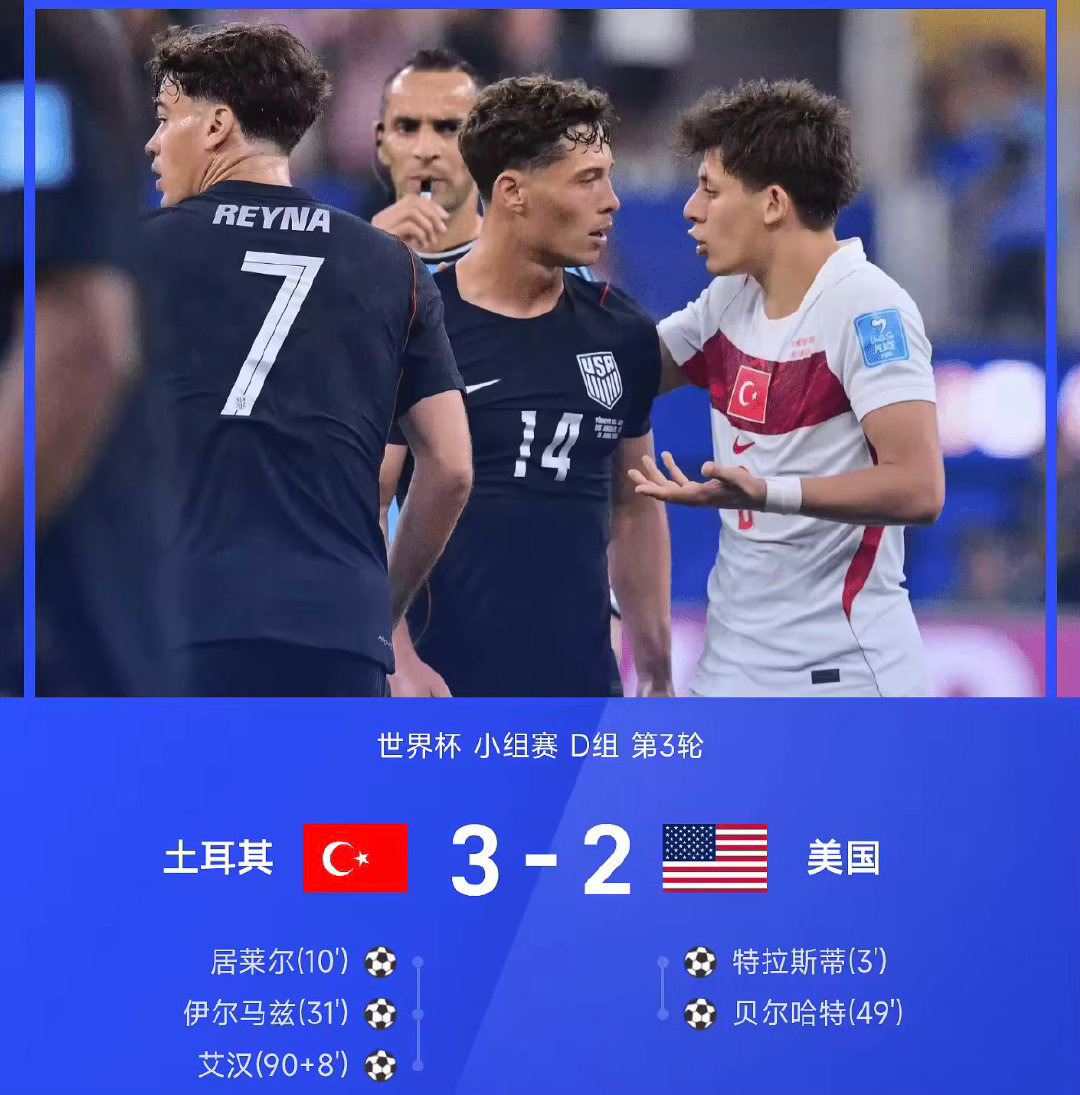 26赛季世界杯小组赛D组第3轮，土耳其3-2美国。特拉斯蒂开场3分钟闪击，居莱尔