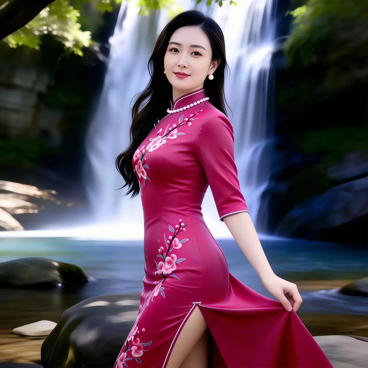 飞瀑凌空挂珠帘，
旗袍佳丽坐石边。