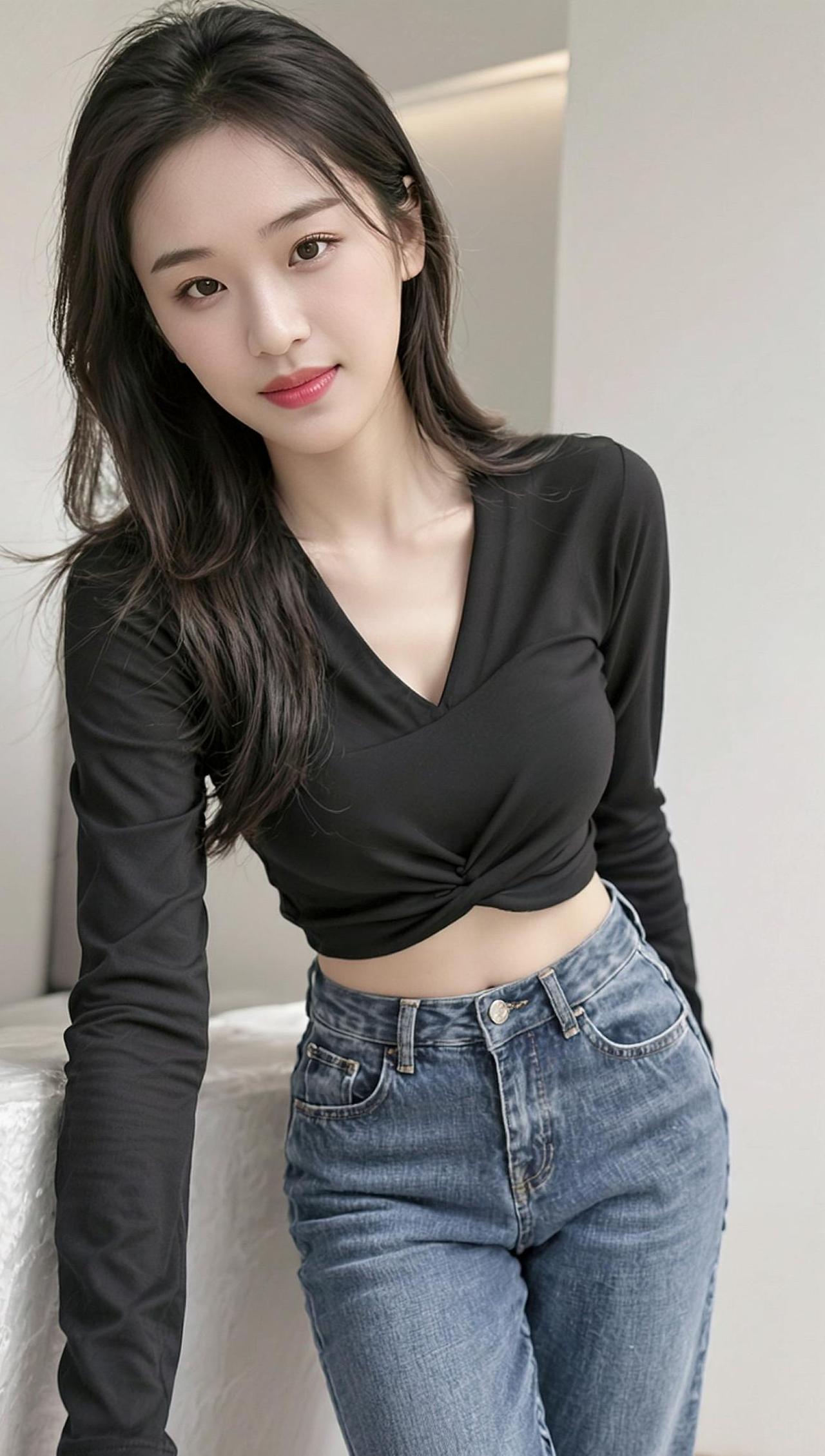 这黑色上衣，简直是“低调中的奢华”，前面打个结，肚子上的肉肉全“藏”起来了，牛仔