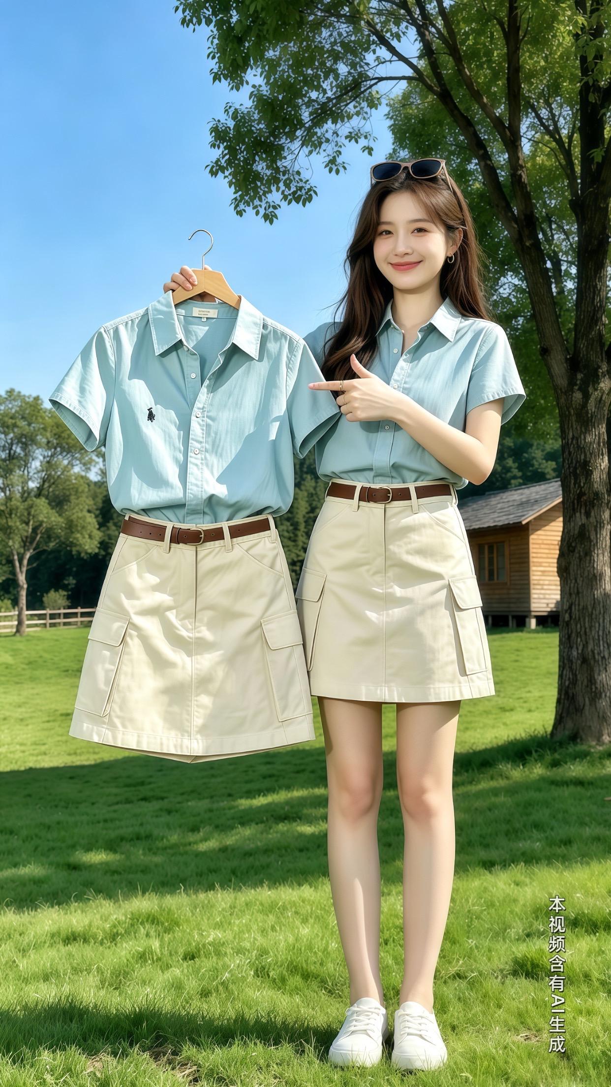 谁懂这种干净清爽的夏日穿搭！夏天通勤懒人套装直接抄作业！清爽浅蓝短袖衬...