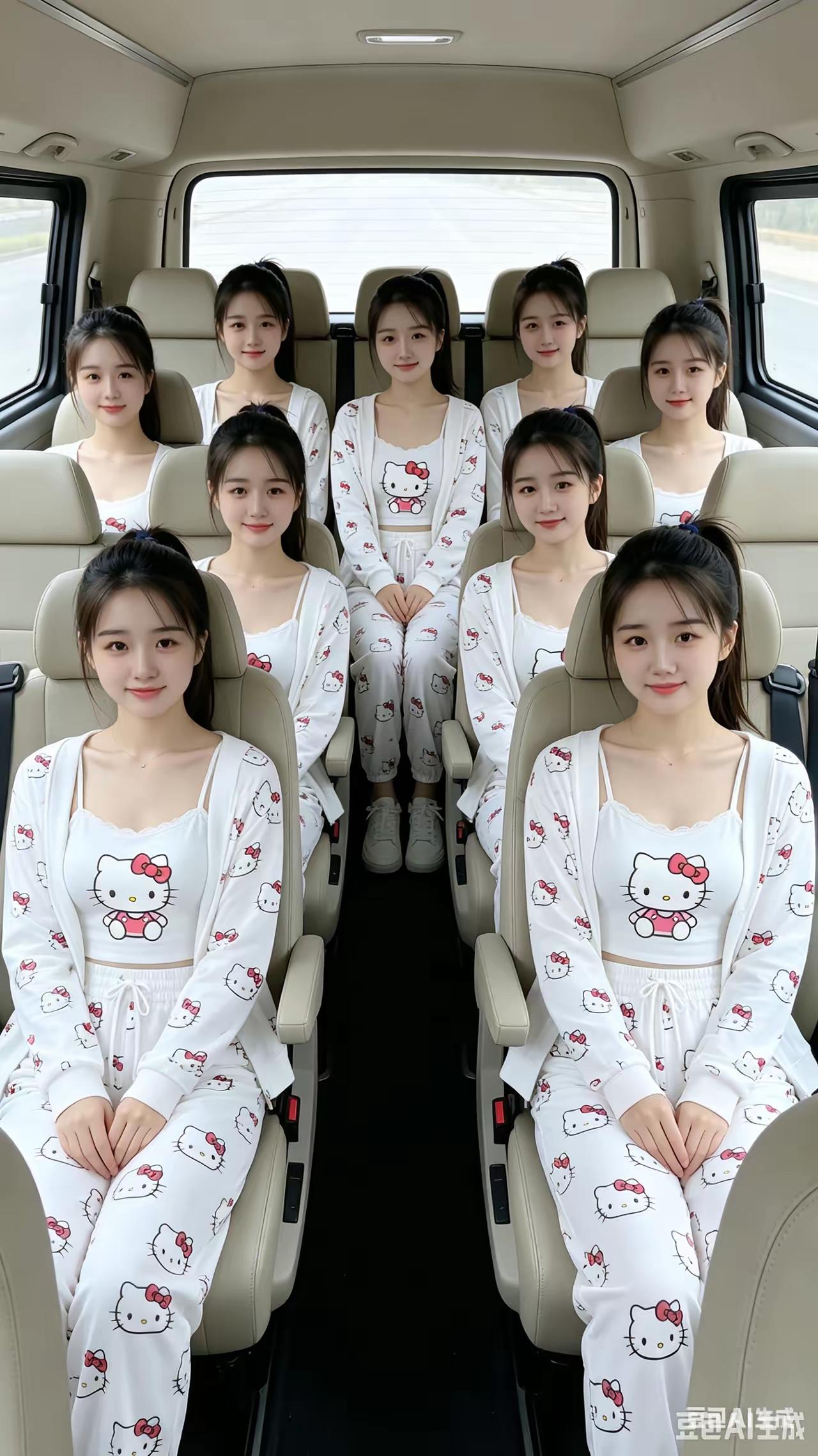 仙女齐下凡，
同车去游玩。
同妆同发型，
同龄同娇颜。