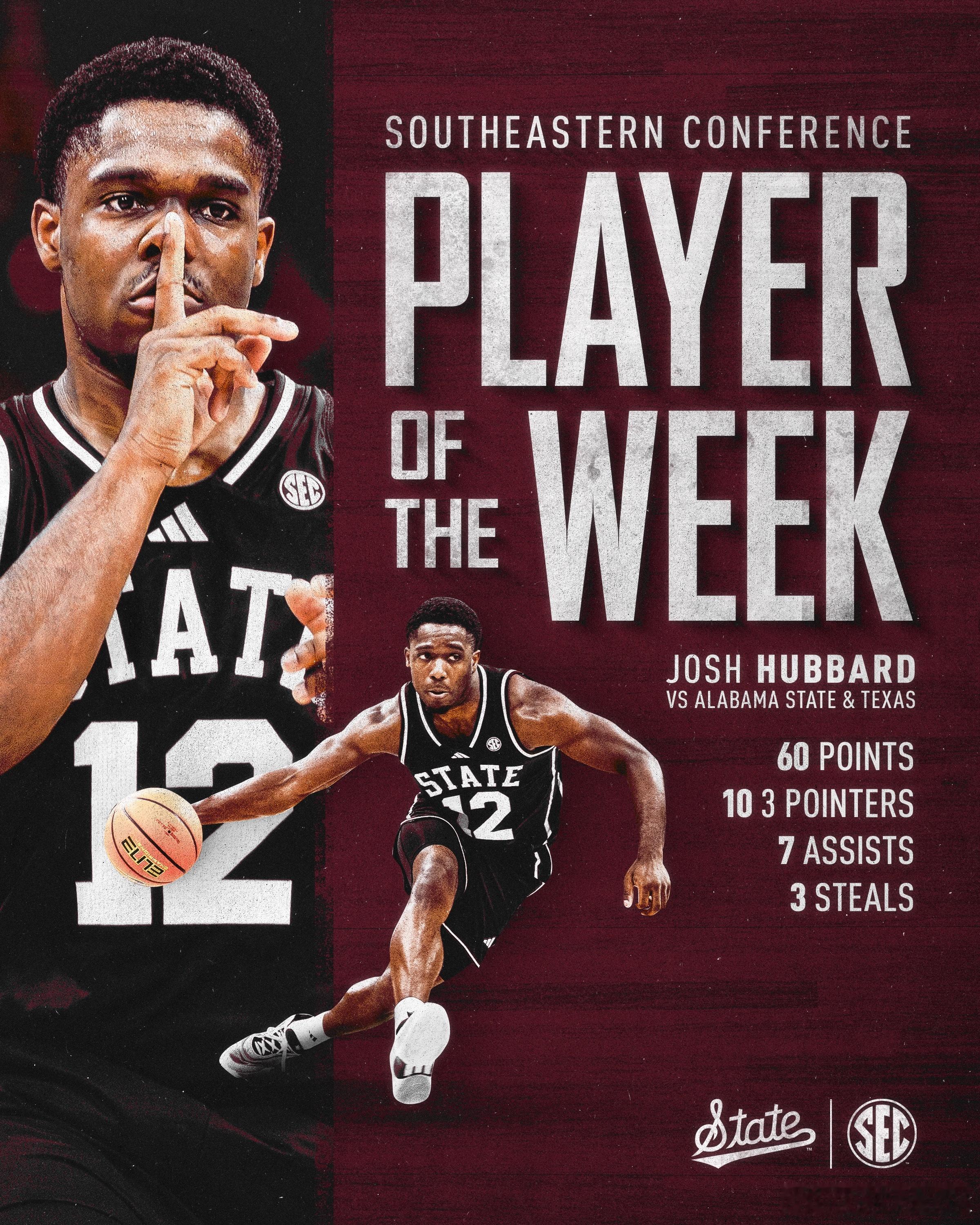 SEC联盟第9周表现奖（2025-2026赛季）。 最佳球员：Josh Hubb