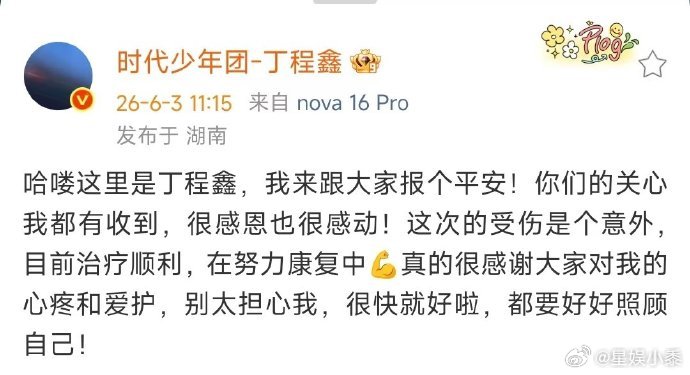 丁程鑫说手指骨裂受伤是意外丁程鑫报平安在努力康复中丁程鑫发文报平安，感谢粉丝关心
