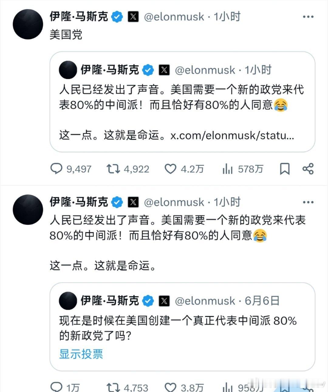 马斯克：“人民已经发出声音。美国需要一个新的政党来代表80%的中间派！” “美国