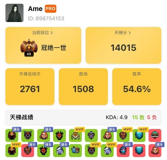 刚打完比赛，Ame一波九连胜（昨天7连胜+刚刚2连横）渡劫成功，天梯分突破了14