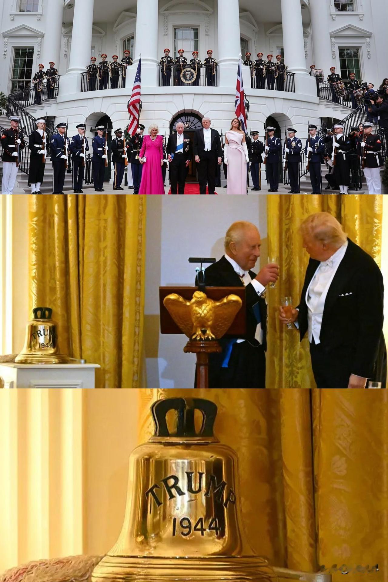 英王访问白宫，向特朗普送“钟”，被网友讽刺“送终”！该金色舰钟（bell），设计