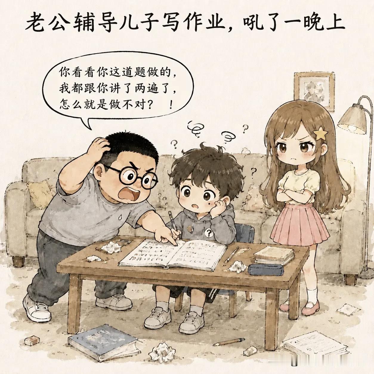 趣味漫画分享：老公辅导儿子写作业，吼了一晚上。老婆心疼儿子，过去接手。不到十分钟