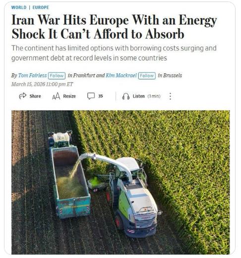 【《华尔街日报》：美以对伊朗的战争可能引发欧洲能源冲击】据欧盟委员会主席乌尔苏拉