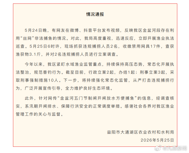 #2人用丝网捕鱼被立案调查#【#官方通报2人用丝网非法捕鱼#：查获渔获物3.1斤