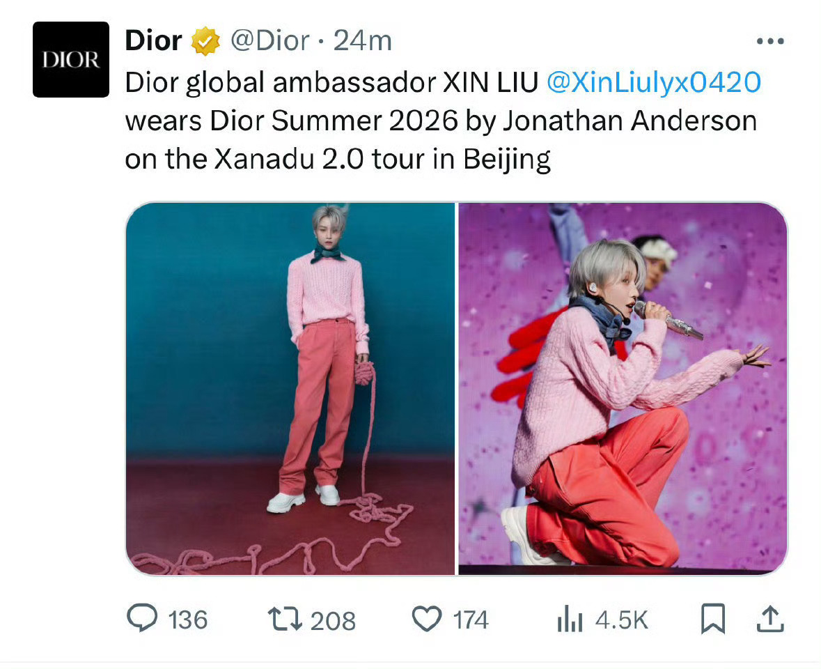 Dior官方认领Global Ambassador刘雨昕北京场演唱会演绎Dior