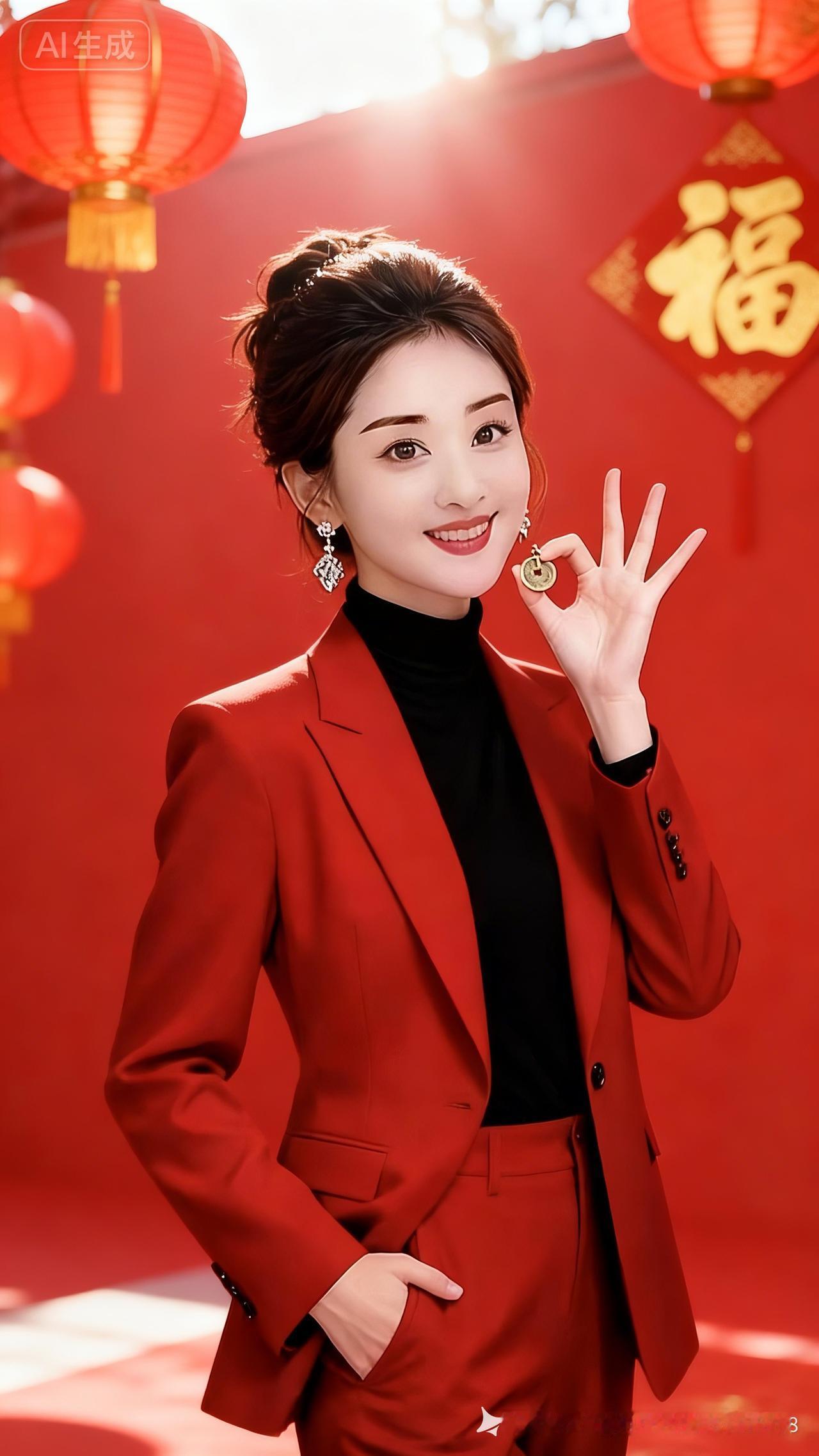 温柔甜美的年轻女性，妆容精致，红唇饱满，笑容灿烂，单手比出OK手势。柔和自然光清