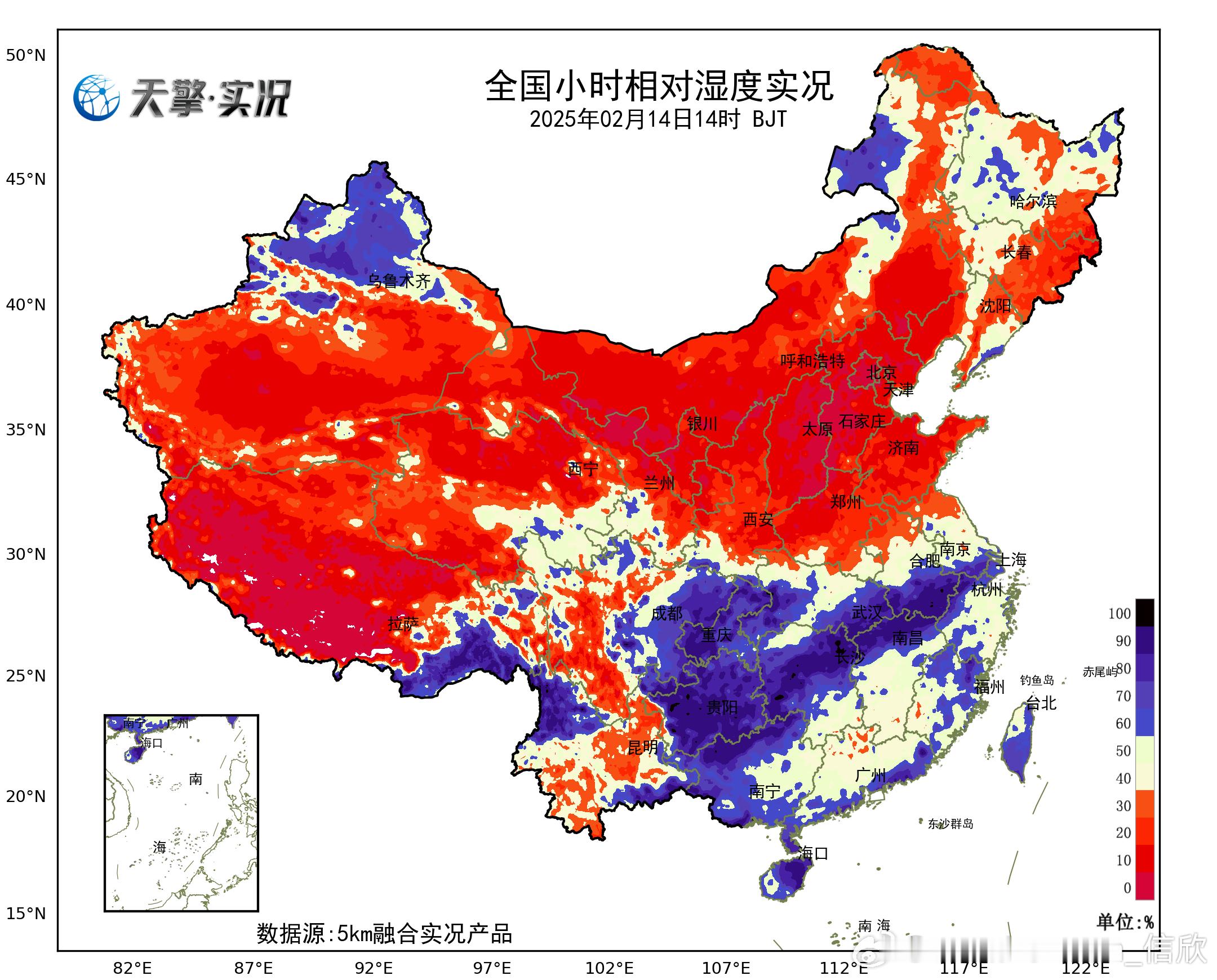 【南北干湿分明】今天下午的相对湿度，北方的干燥和长江流域的潮湿，形成了鲜明对比。