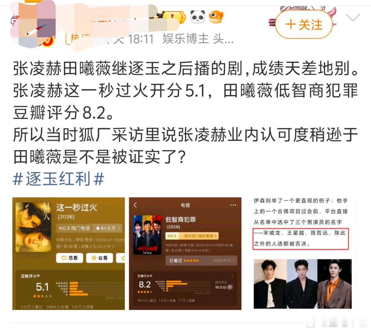 张凌赫田曦薇新剧成绩对比怎么好意思买这个通稿的？这通稿捧一踩一！另外我要说：《低