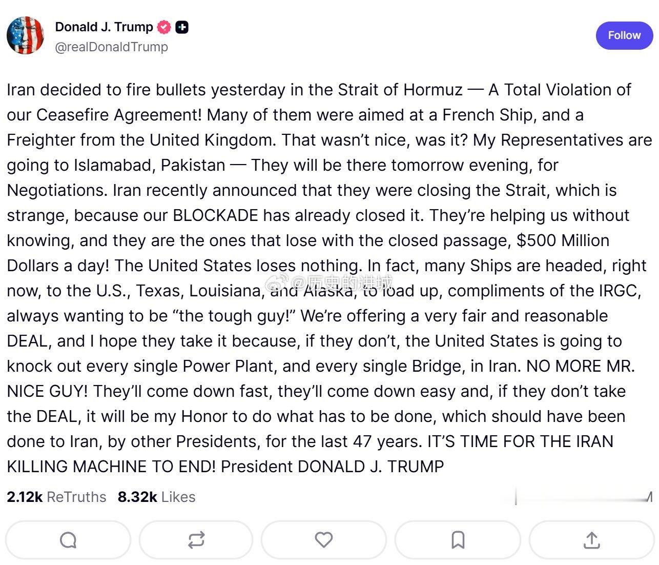 特朗普称美方谈判代表团明晚（美国东时间4月20日）抵达伊斯兰堡谈判。特朗普普指责