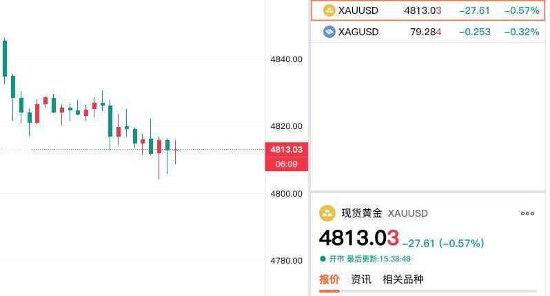 虽然今日
外盘金价冲高减弱，
但是现货黄金现在依旧在
四千八百美元上方波动。
