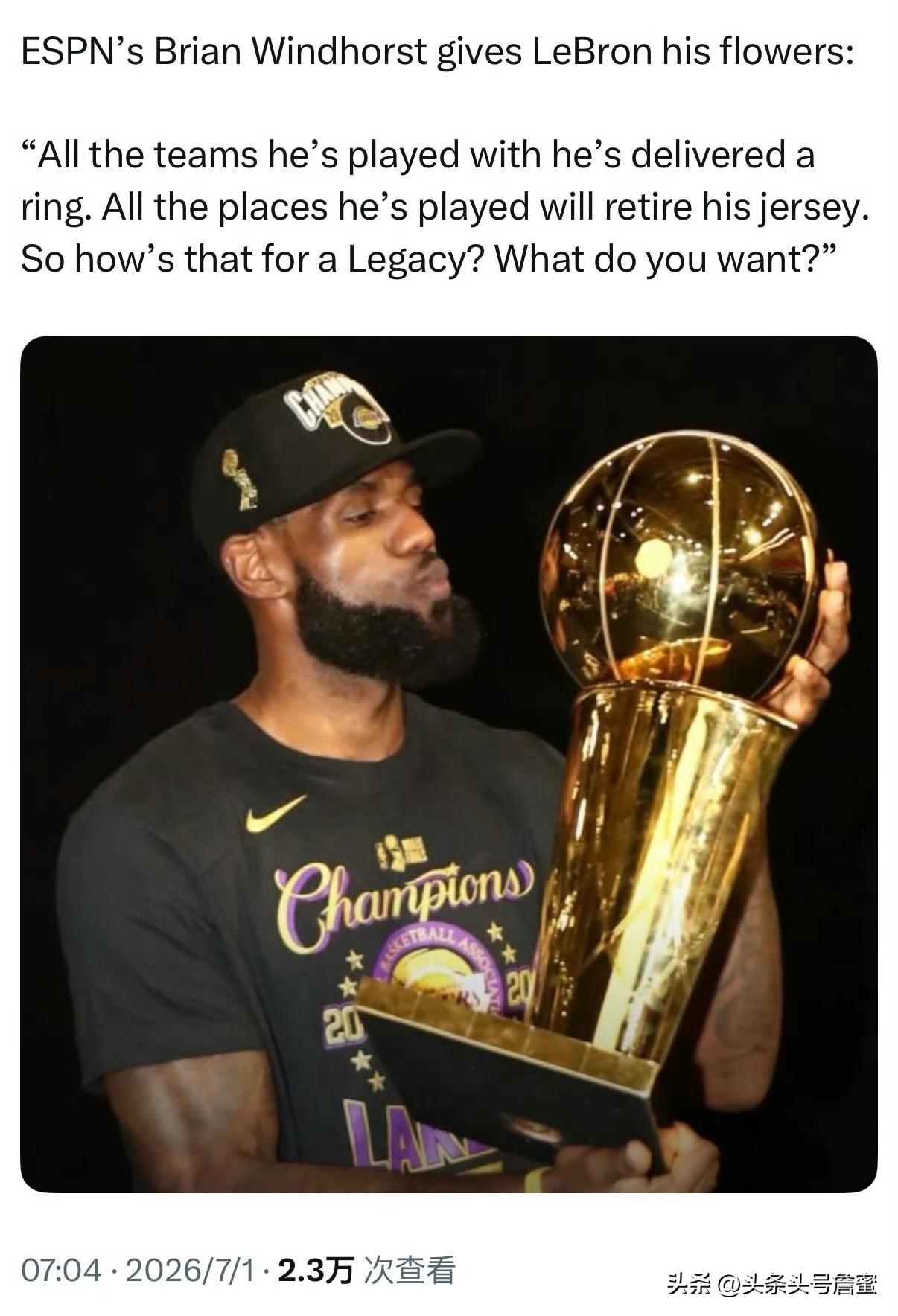 ESPN资深记者温德霍斯特高度评价詹姆斯的历史地位：
纵观整个NBA历史，只有勒