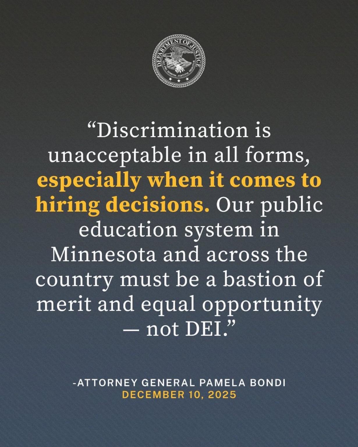 美国司法部起诉明尼阿波利斯公立学校，指控其对教师存在种族歧视。

“任何形式的歧