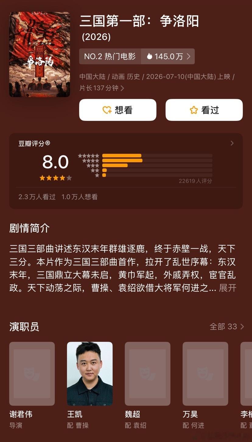 《三国第一部：争洛阳》豆瓣开分8.0分，看过的觉得怎么样呢 