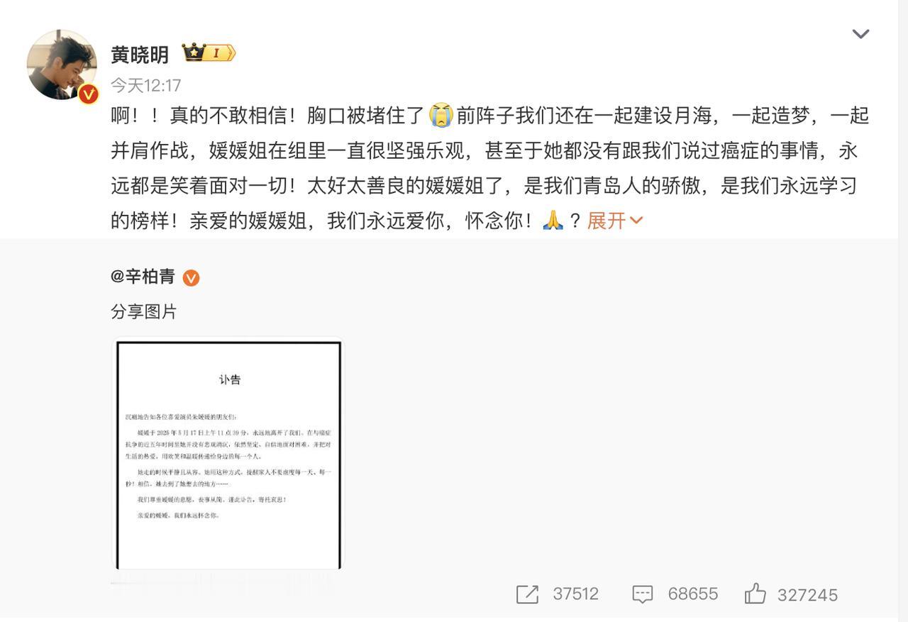 原来黄晓明不知道朱媛媛患癌了。

因为前不久朱媛媛还和黄晓明一起合作了电视剧《造