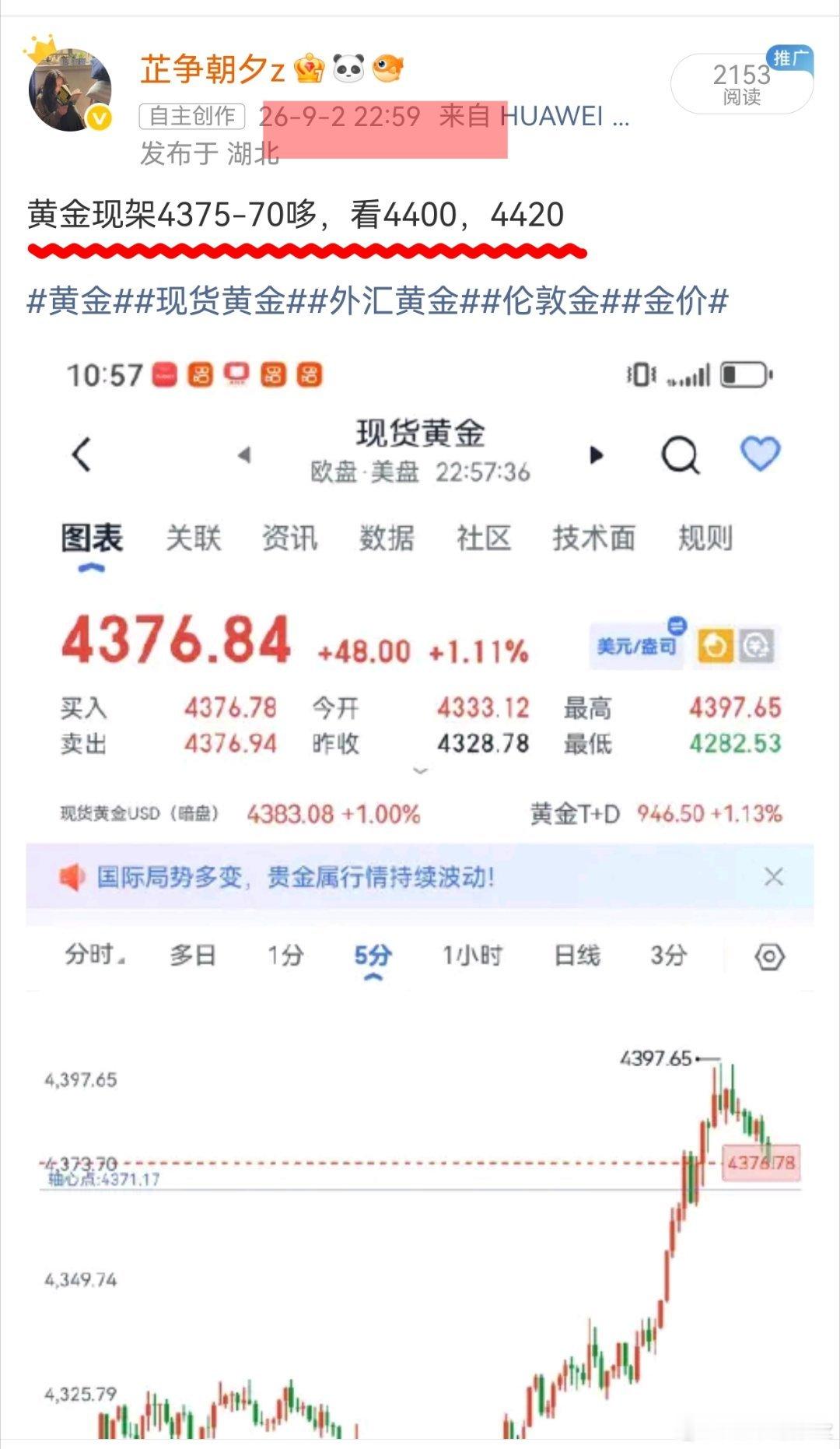昨夜黄金4375-70哆，目前航情最高来到了4409有多少朋友格局住了的，后面继
