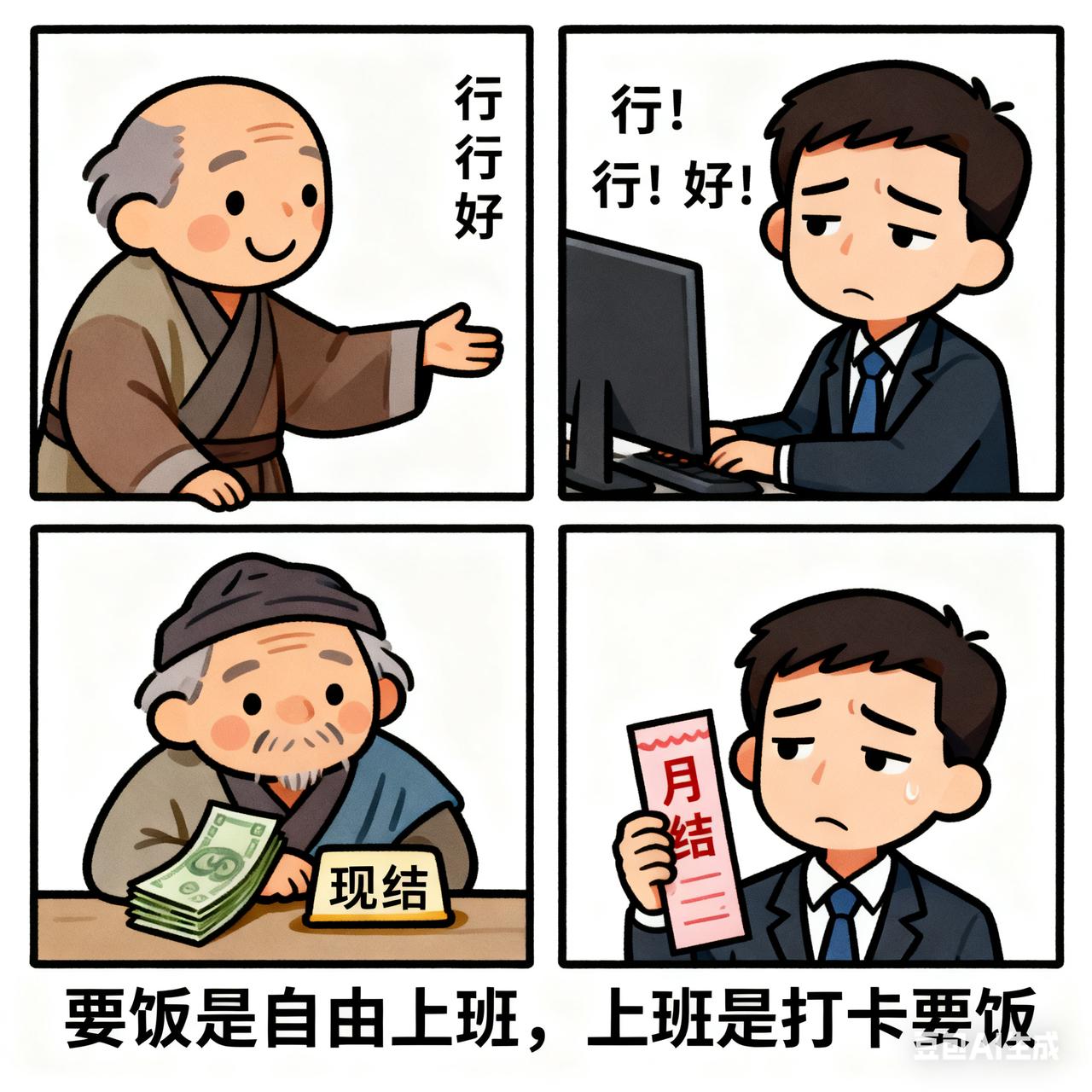 上班与要饭的差异
要饭是当场结算
上班是按月结薪
要饭的仅仅是贫穷
上班的则是又