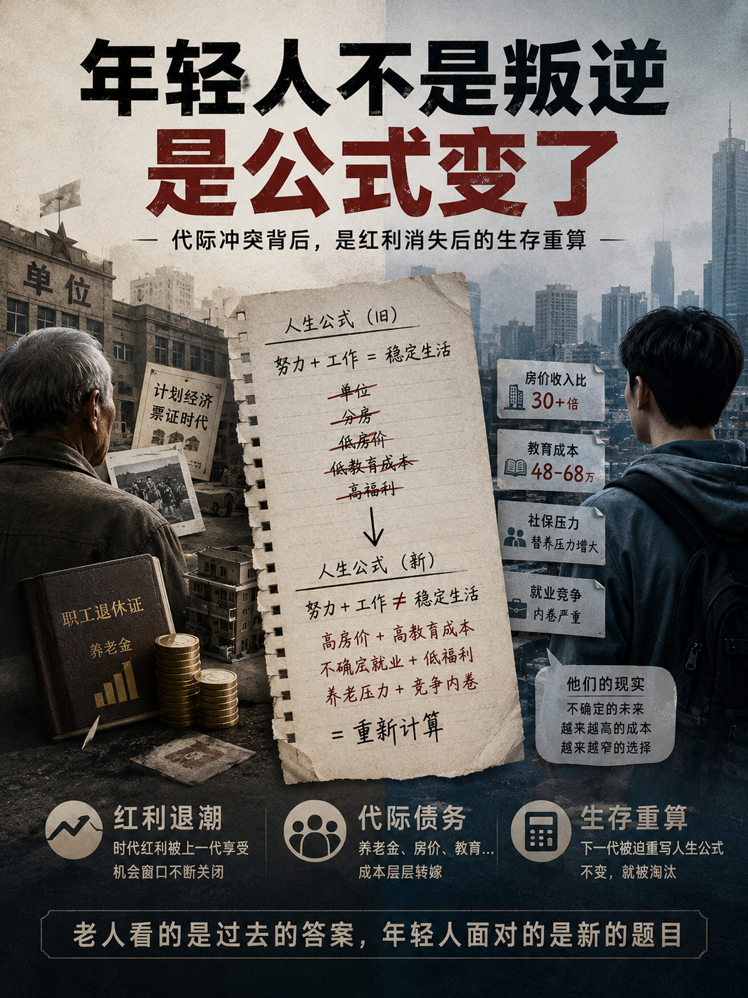 有网友说，为什么老人普遍觉得年轻人叛逆，因为每一代年轻人都必须变，不变就活不下去