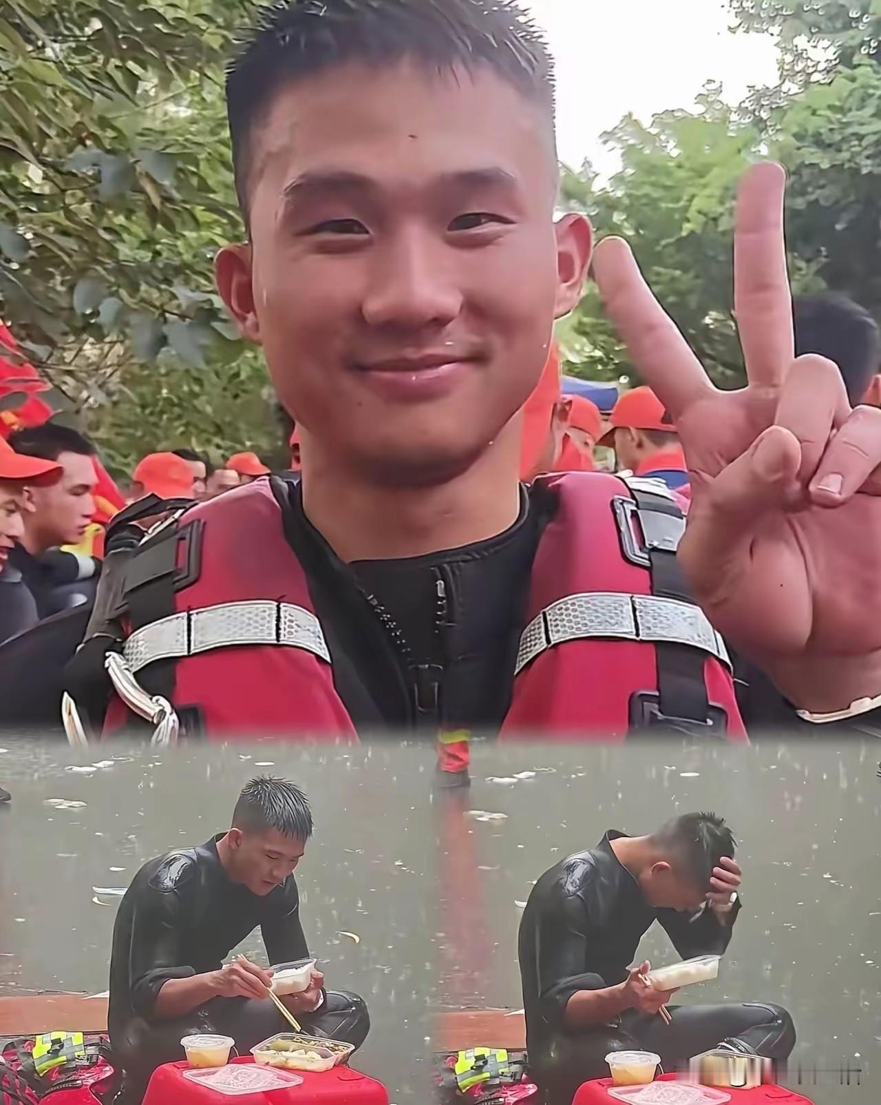 你敢信？广东那个泡在暴雨里干饭的小伙子，不是没地方躲雨——旁边十米就是救灾帐篷。