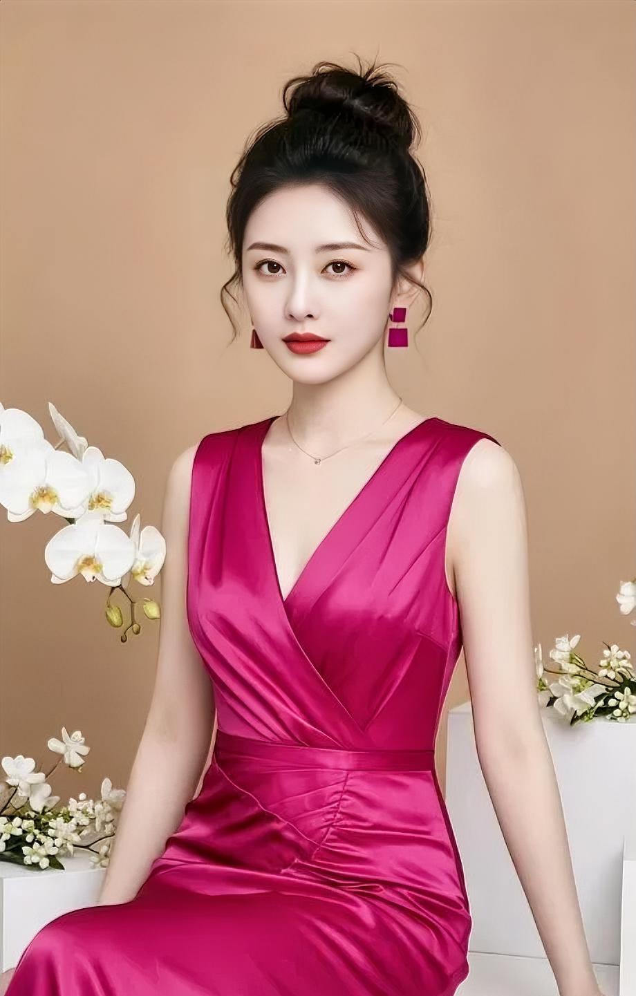 《玫红兰香》

玫红缎面，垂落深V的明艳，

高挽发髻，耳畔方块轻悬。

素手轻