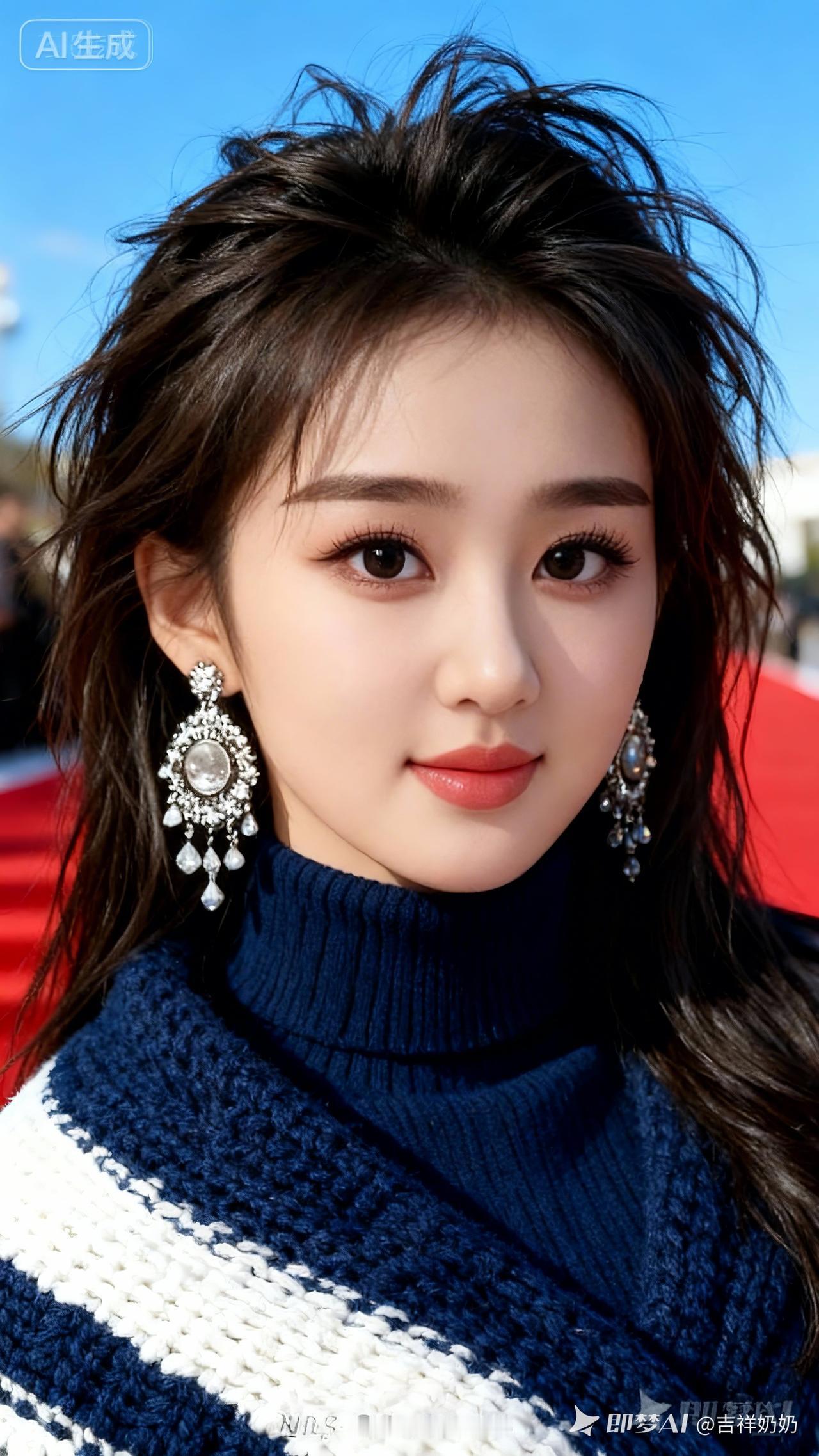红毯铺展，蓝天澄澈。20岁都市女孩身着深蓝高领毛衣，披蓝白交织毛线披肩，凌乱层次