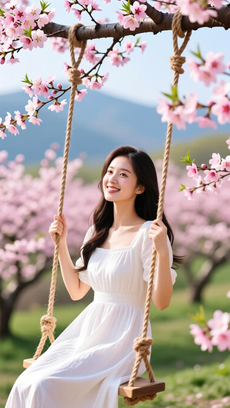 樱花树下，白裙少女，笑靥如花，春日浪漫。