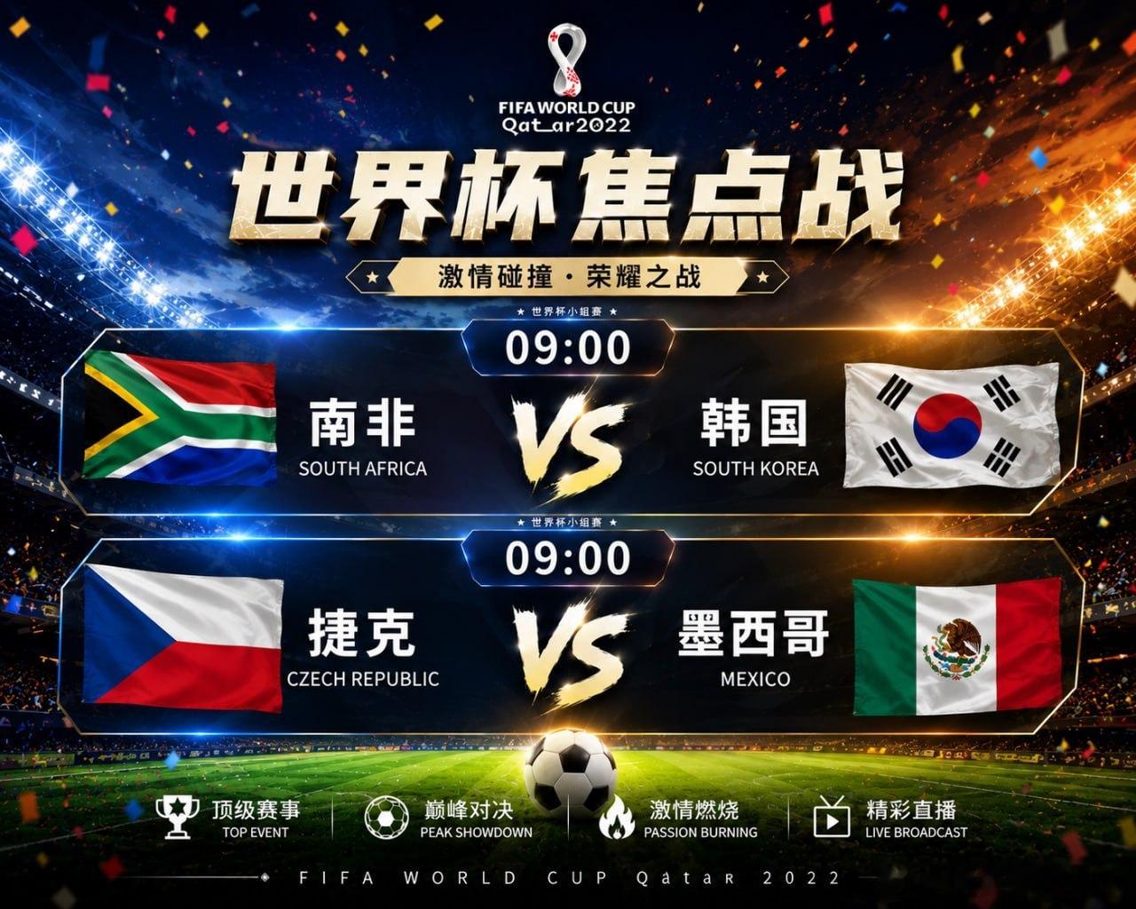 世界杯 09:00 双场开战🇿🇦 南非 VS 韩国 🇰🇷🇨🇿 捷克 