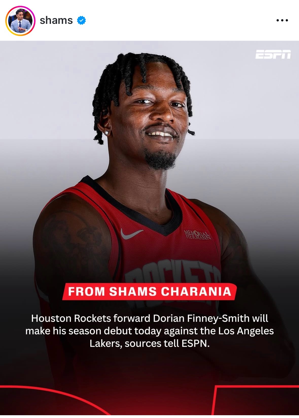 Shams：多里安·芬尼‑史密斯将在今天对阵洛杉矶湖人的比赛中迎来本赛季首秀。将